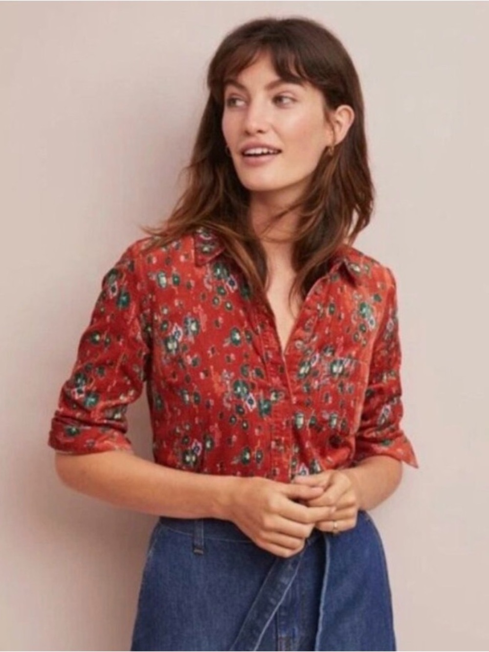 Anthropologie Building 18 corduroy floral rust orange blouse US 2 small cotton